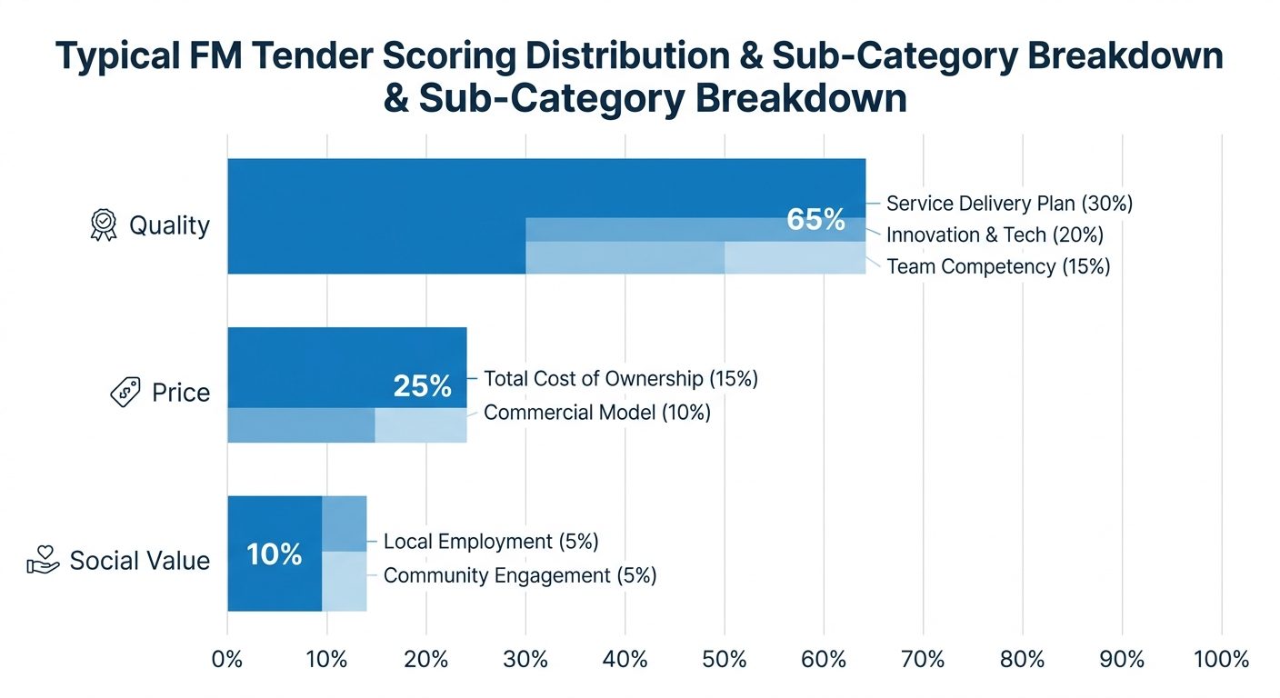 Typical FM tender scoring distribution by quality, price and social value