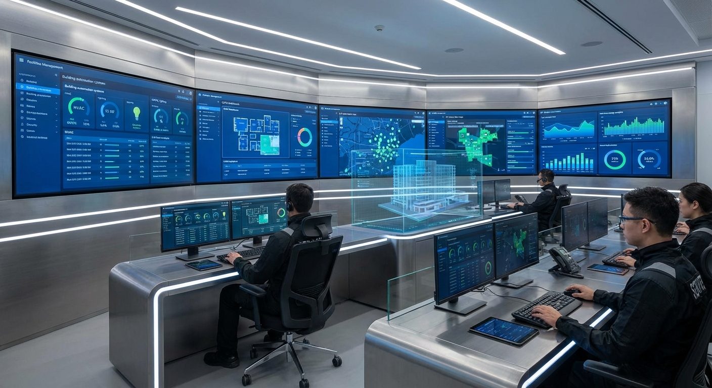 Modern facilities management control room with digital monitoring systems
