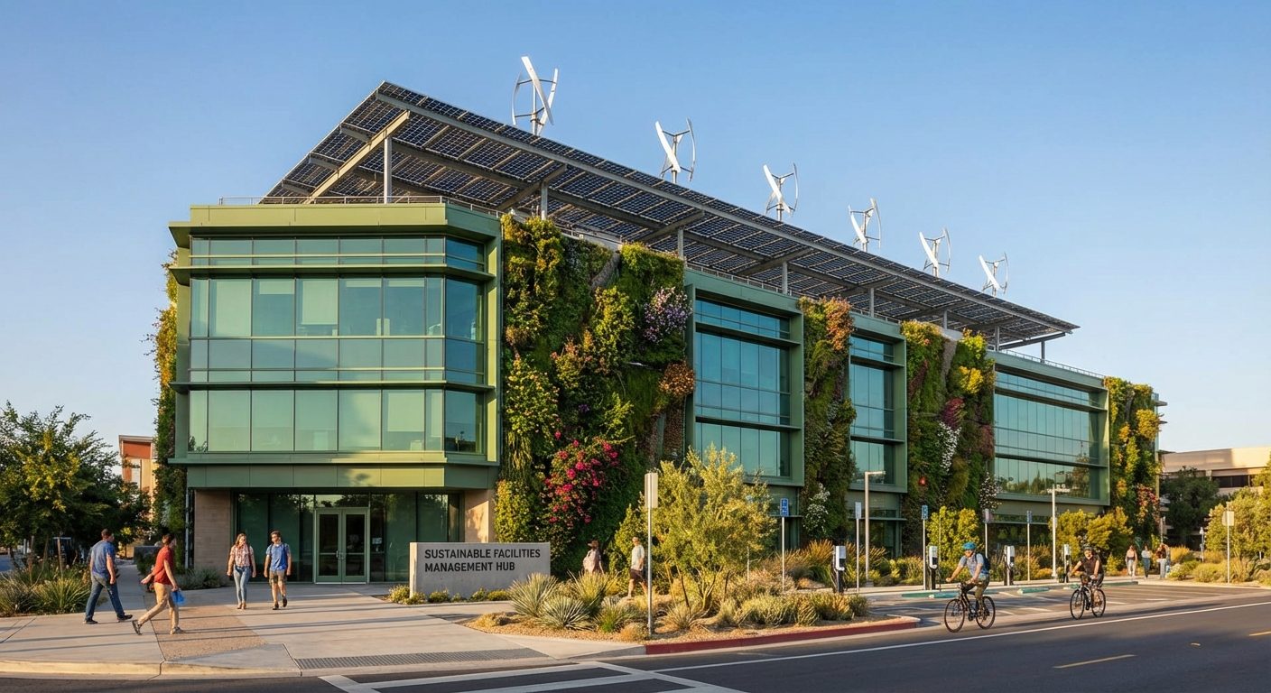 Green building with solar panels and sustainable facilities management