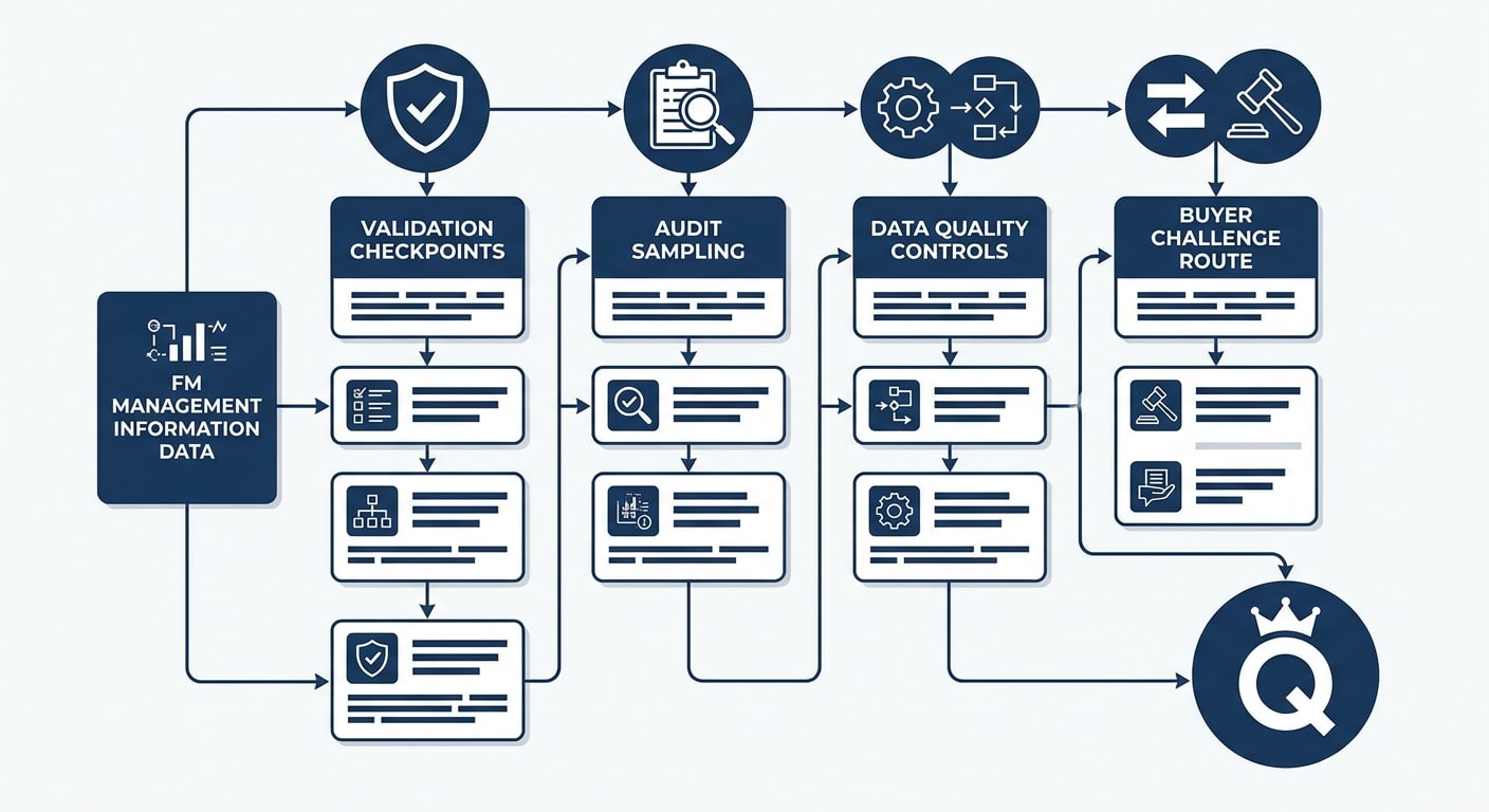 Quality assurance checklist for FM management information data showing validation, audit sampling and buyer challenge routes