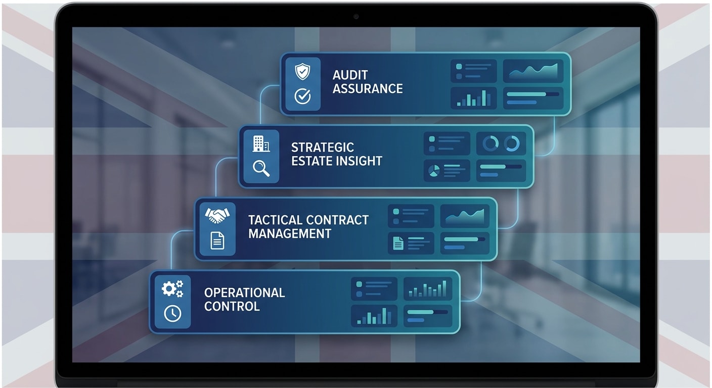 Four-level FM management information model covering operational control, contract management, estate insight and audit assurance