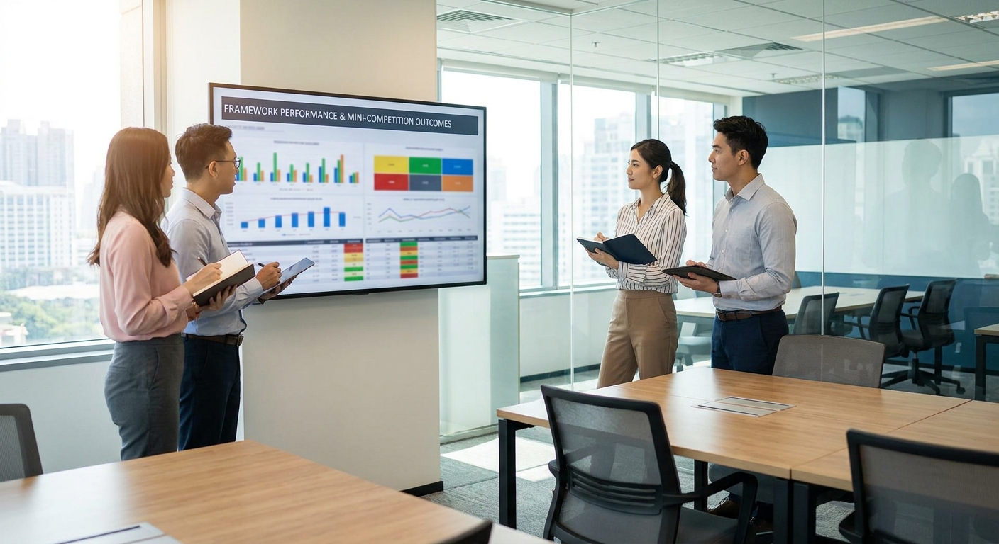Framework performance dashboard showing mini-competition outcomes and lessons learned