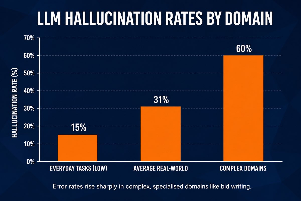 Hallucination rates for general-purpose LLMs, showing higher error rates in complex domains