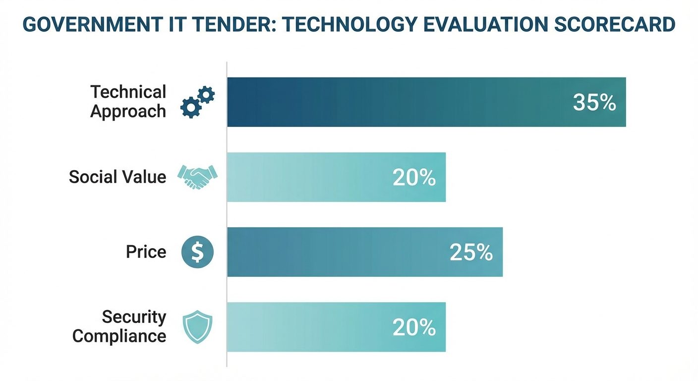 Technology evaluation criteria scorecard showing weighted scoring for government IT tenders