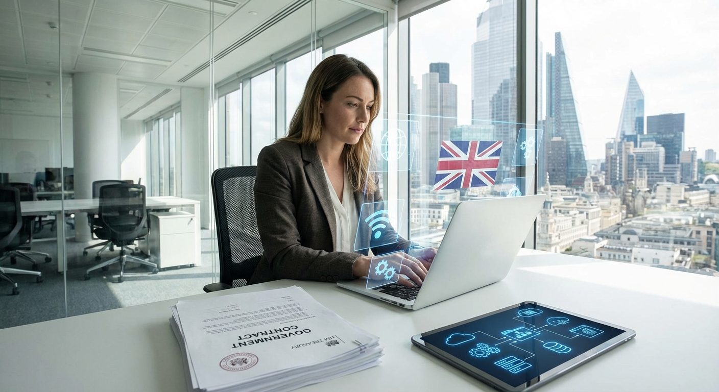 Professional working on government IT tender documents with digital technology overlay
