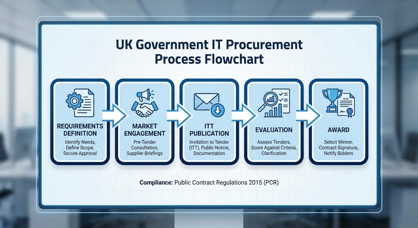 UK government IT procurement process flowchart showing stages from requirements to contract award