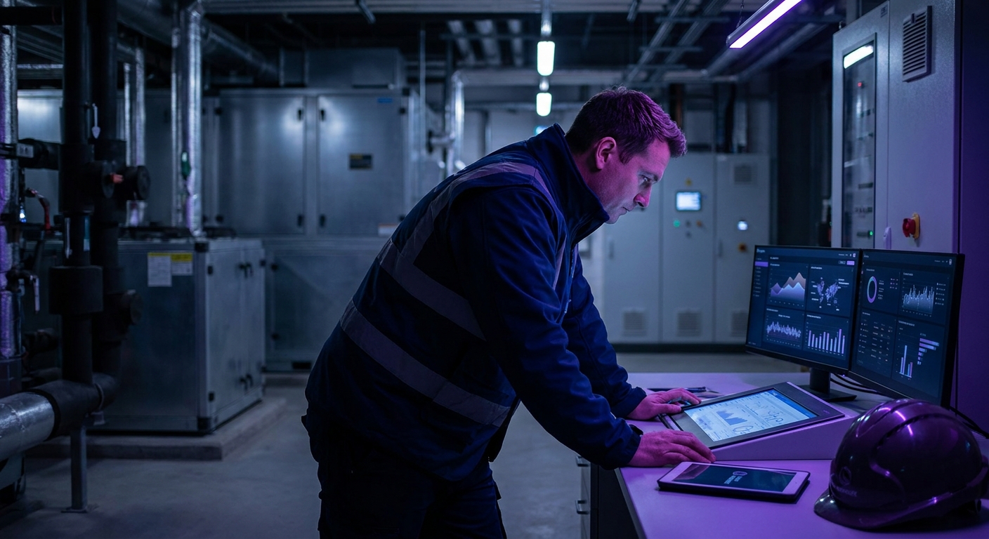Hard FM control room with planned maintenance dashboards and building asset data