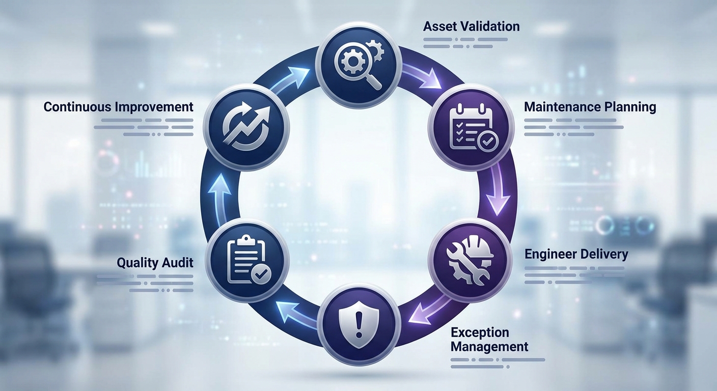 PPM control cycle from asset validation to planned maintenance, exception management, audit and improvement