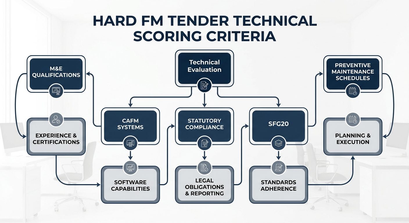 Hard FM technical scoring checklist with M&E qualifications, CAFM, statutory compliance and SFG20