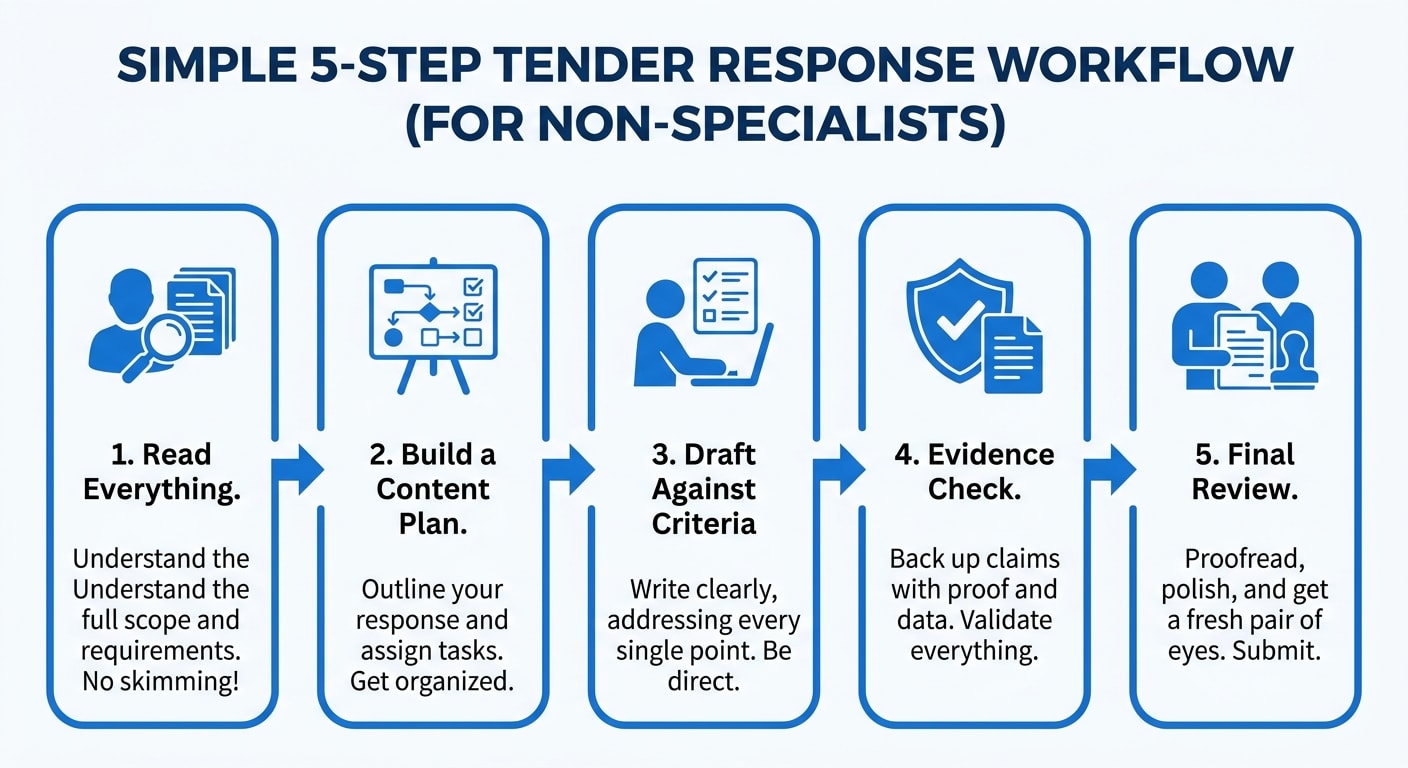 Five-step tender response process diagram for non-specialist bid writers