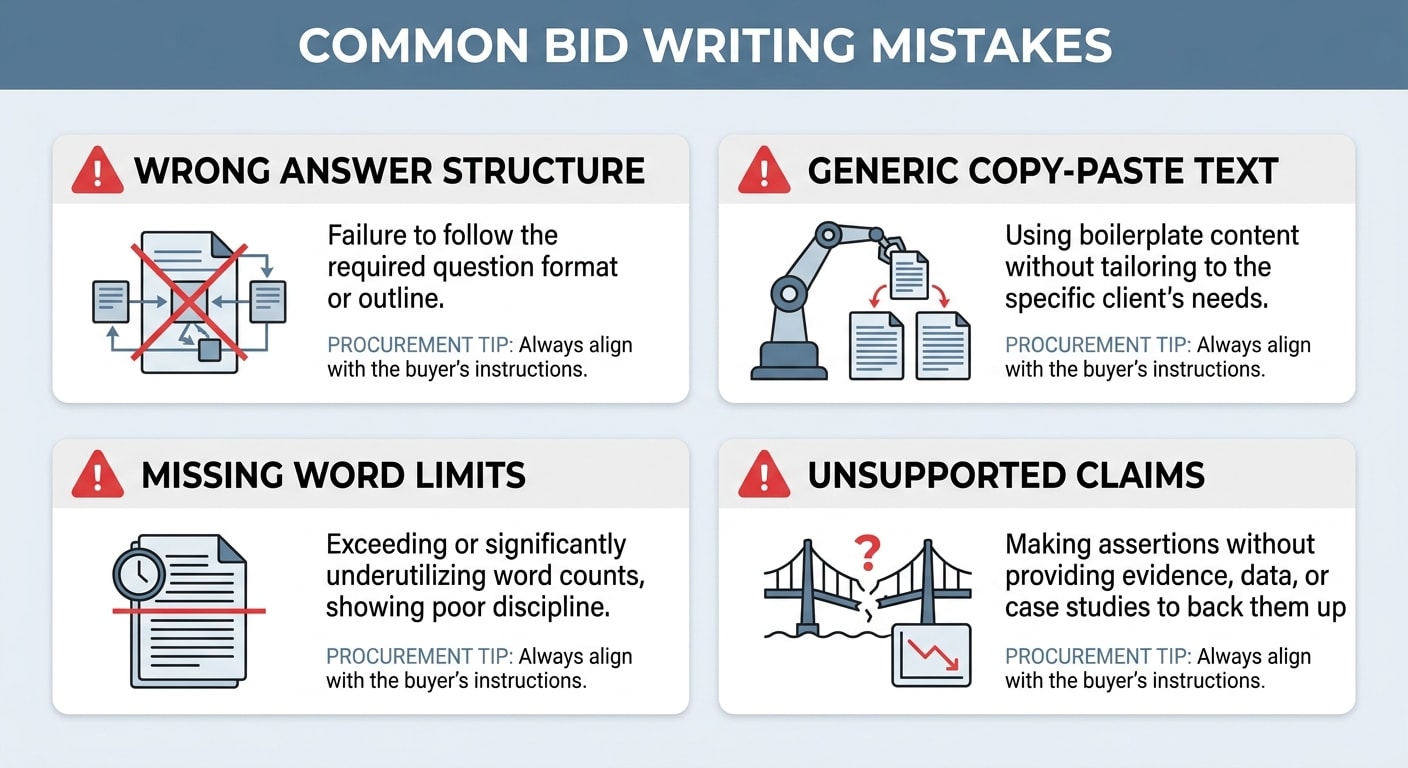 Common bid writing mistakes infographic: wrong answer focus, generic case studies, missing evidence, wrong tone, poor structure