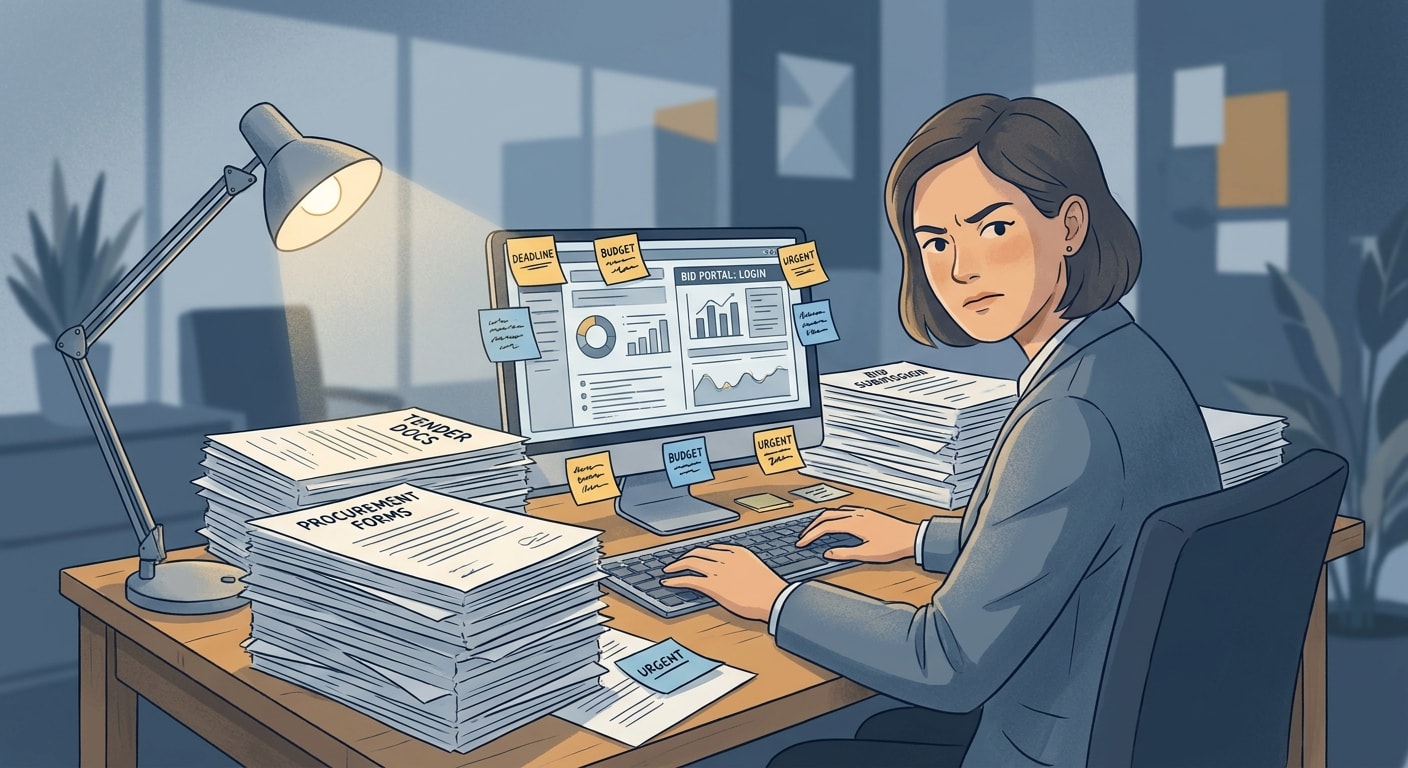 Head of Marketing looking overwhelmed surrounded by tender documents and a procurement portal