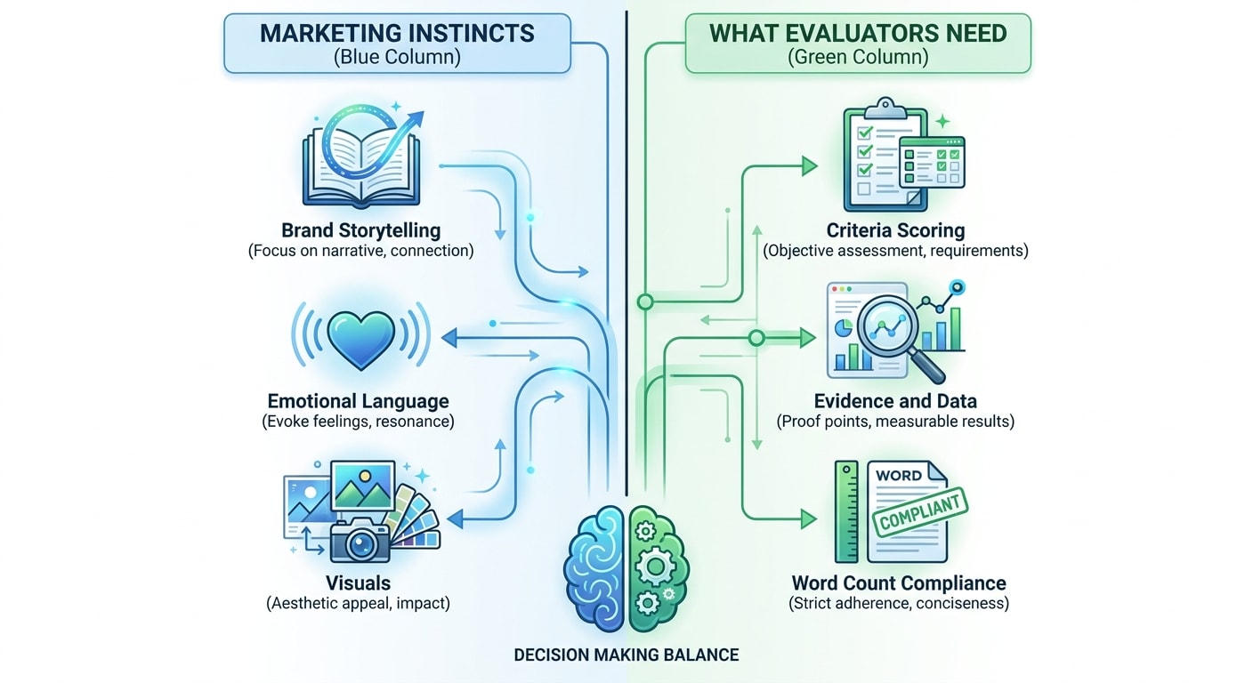 Infographic comparing marketing instincts with what procurement evaluators actually need