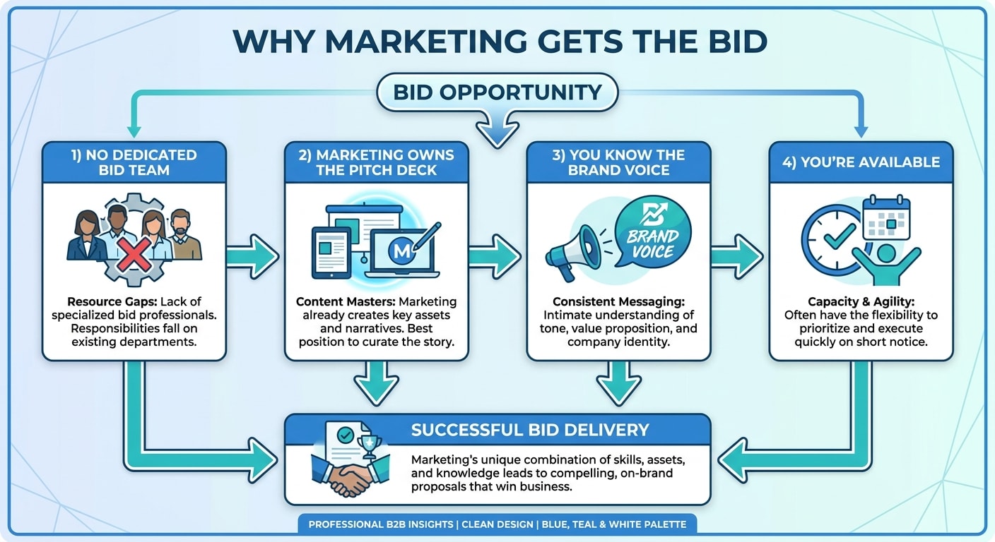 Flowchart showing four reasons why Heads of Marketing get assigned tender responses