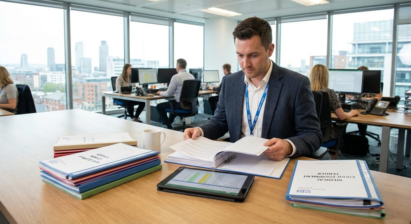 Healthcare procurement professional reviewing tender documentation