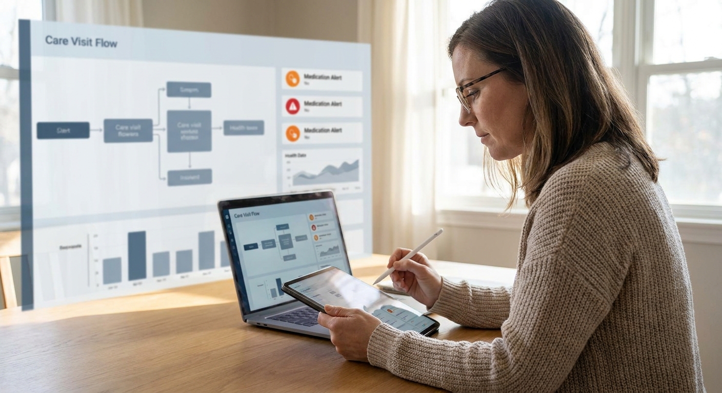 Digital home care records dashboard with visit monitoring, medication alerts and outcomes reporting