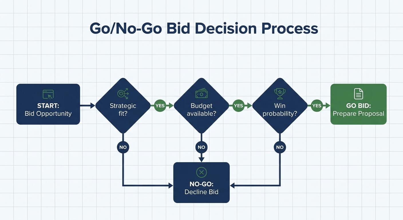 Go/no-go bid decision flowchart with strategic fit, budget and win probability checks