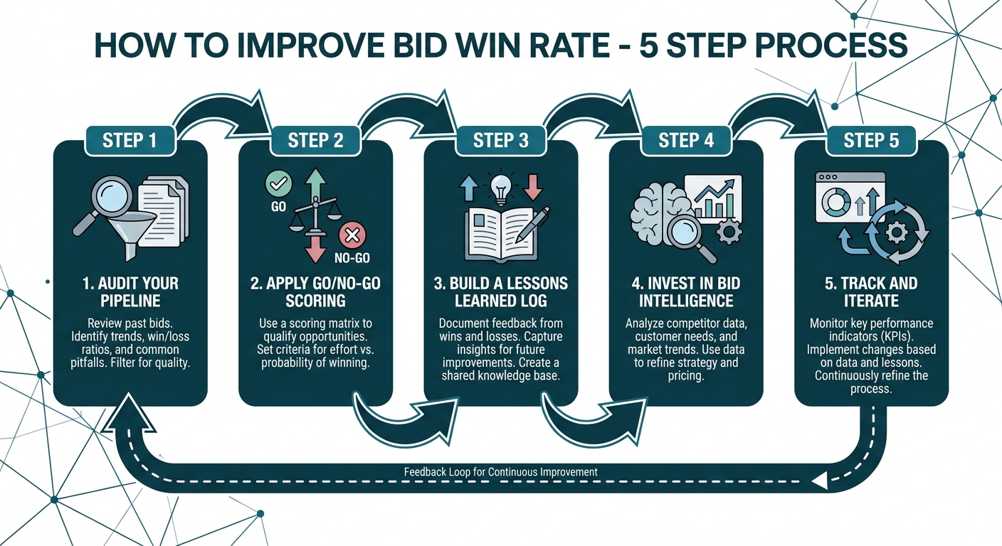 Five-step improvement process: audit pipeline, apply go/no-go, build lessons learned, invest in intelligence, track and iterate