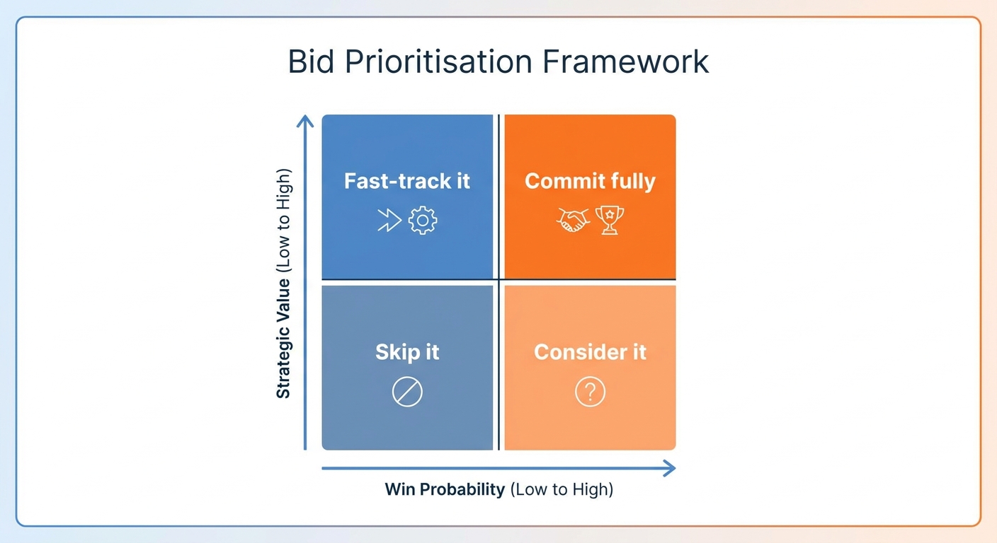 Bid prioritisation quadrant matrix showing win probability versus strategic value