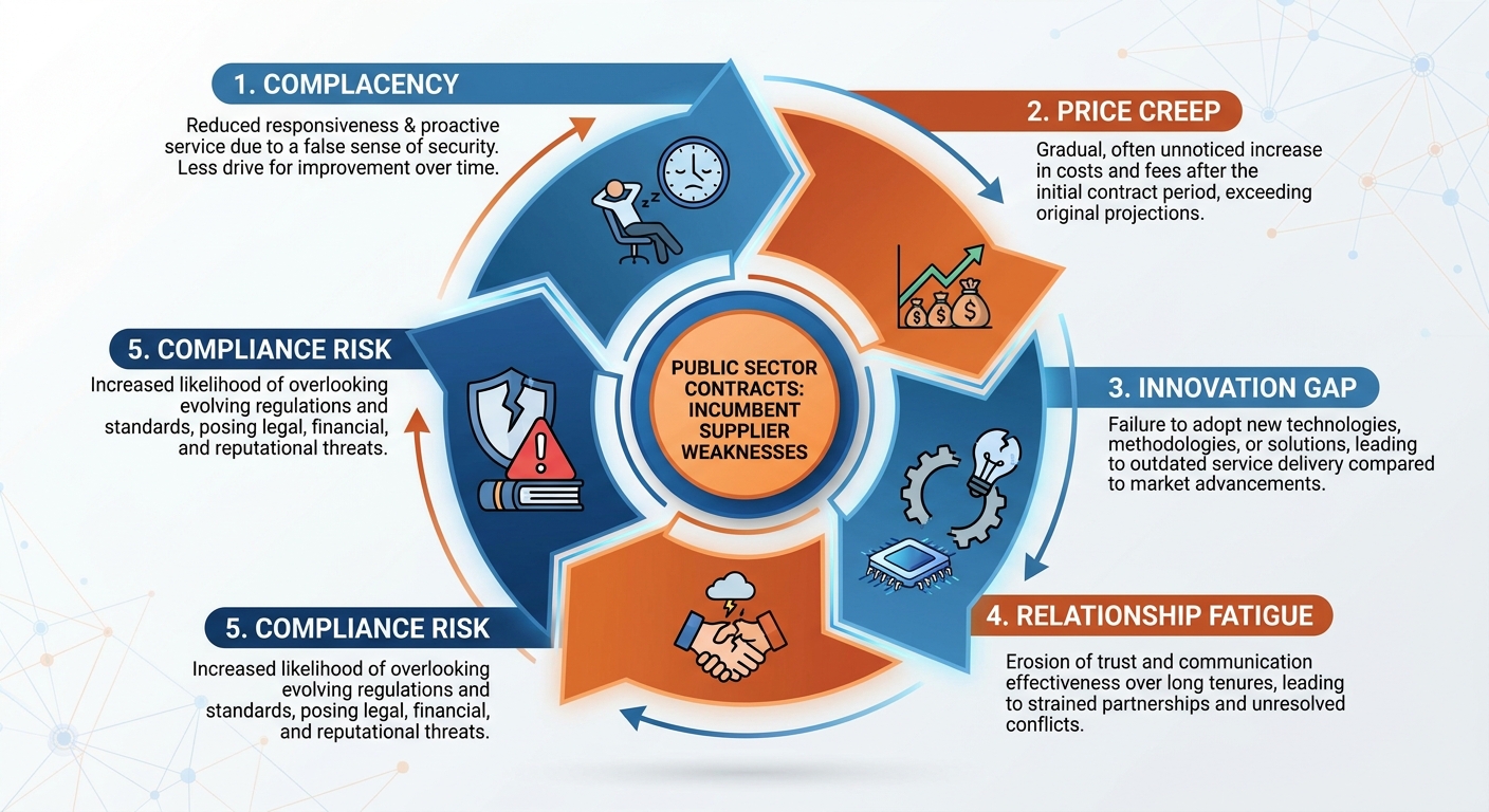 Diagram showing five key weaknesses of incumbent suppliers in public sector tenders
