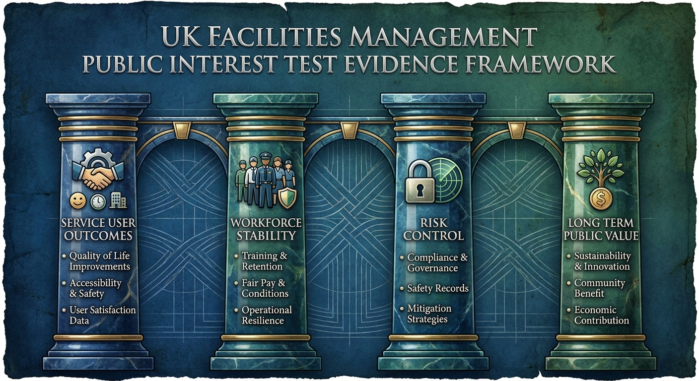 Framework showing the four evidence areas FM suppliers need for the public interest test