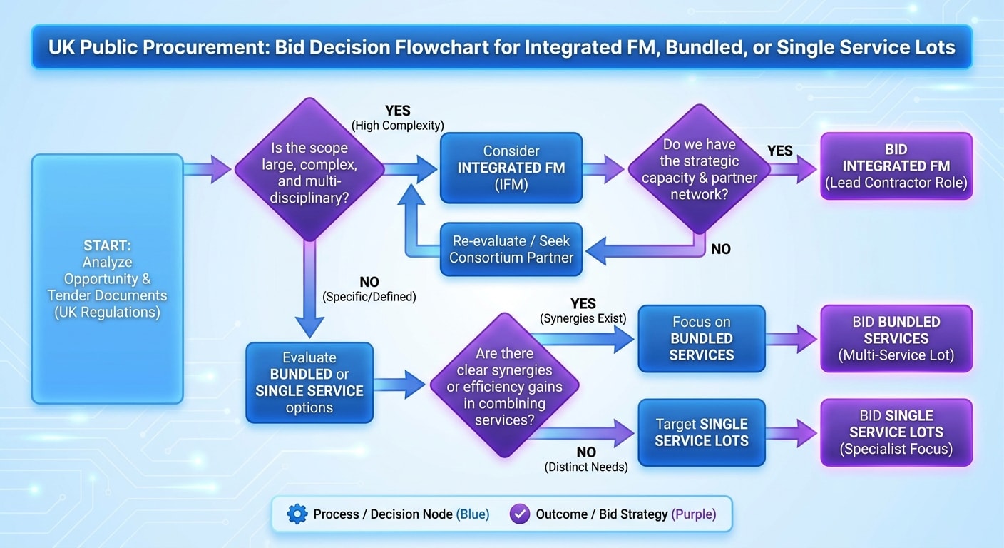 Decision flowchart for choosing integrated FM, bundled service, or single-service lot strategy
