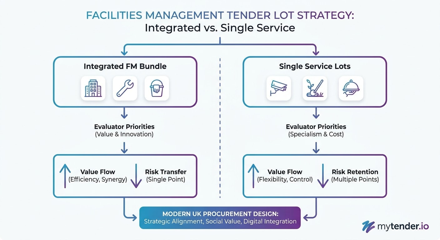 Framework comparing integrated FM, bundled service lots, and single-service FM bidding strategies