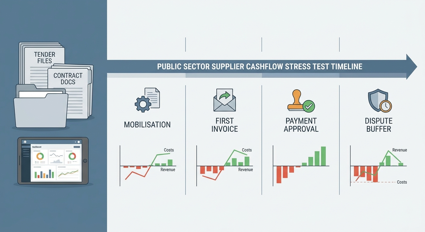 Cashflow stress test timeline from mobilisation spend to first payment