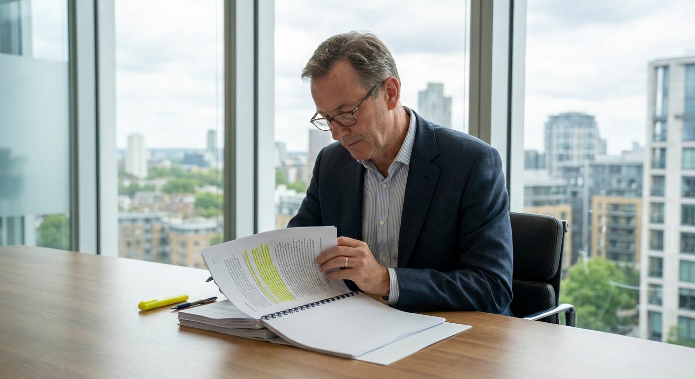Commercial director reviewing tender payment terms before a bid decision