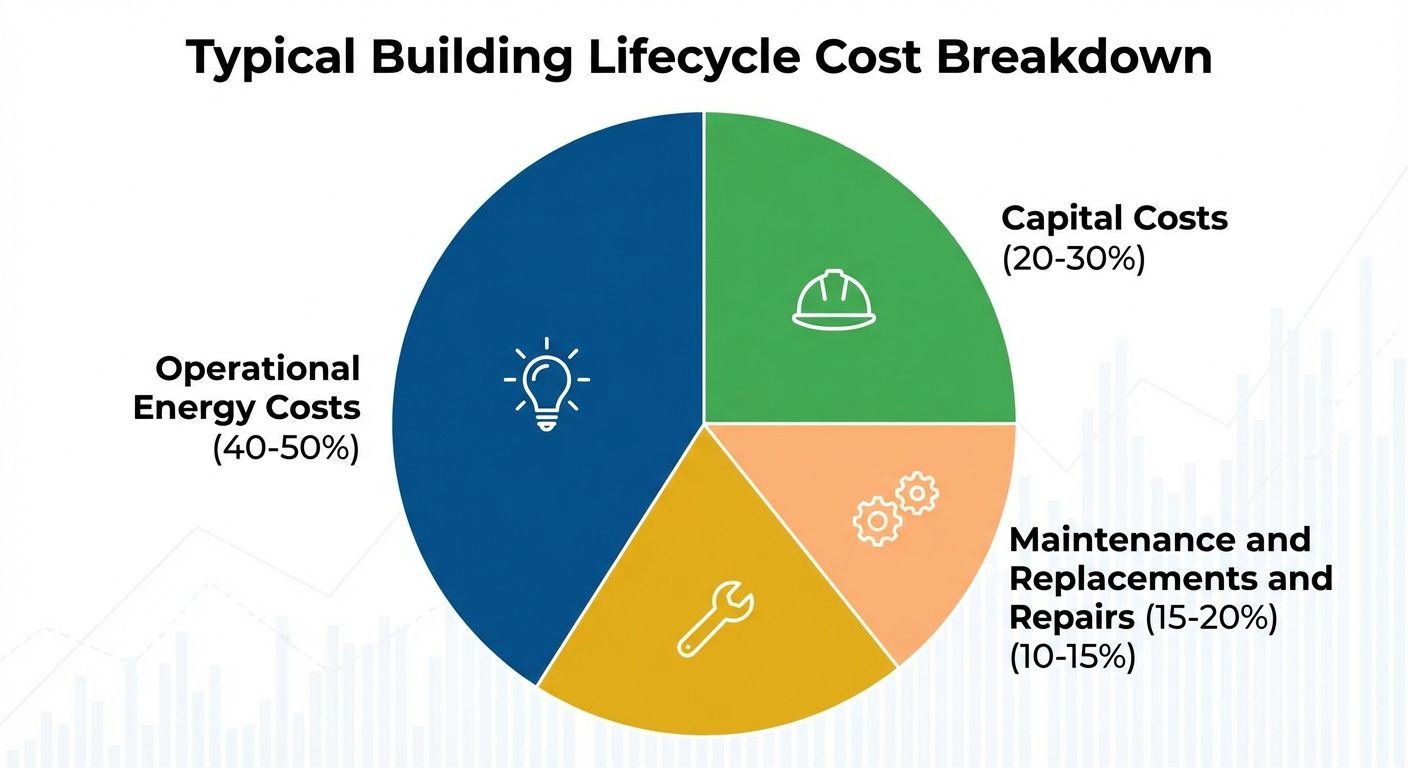 Pie chart showing typical building lifecycle cost breakdown by category