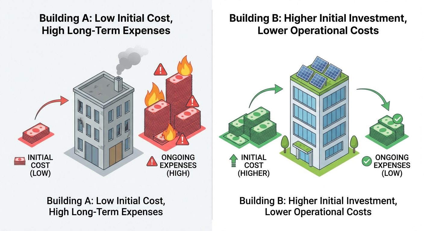 Comparison diagram showing low initial cost vs high lifecycle cost versus high initial investment with low lifecycle cost