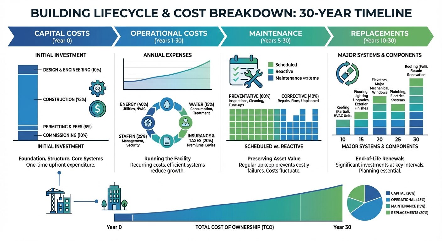 Building lifecycle cost timeline showing capital costs, operational expenses, and maintenance over 30 years