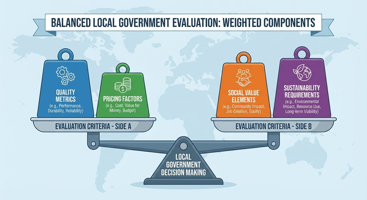 Key evaluation criteria diagram showing the balance between price, quality, social value, and sustainability in local government procurement