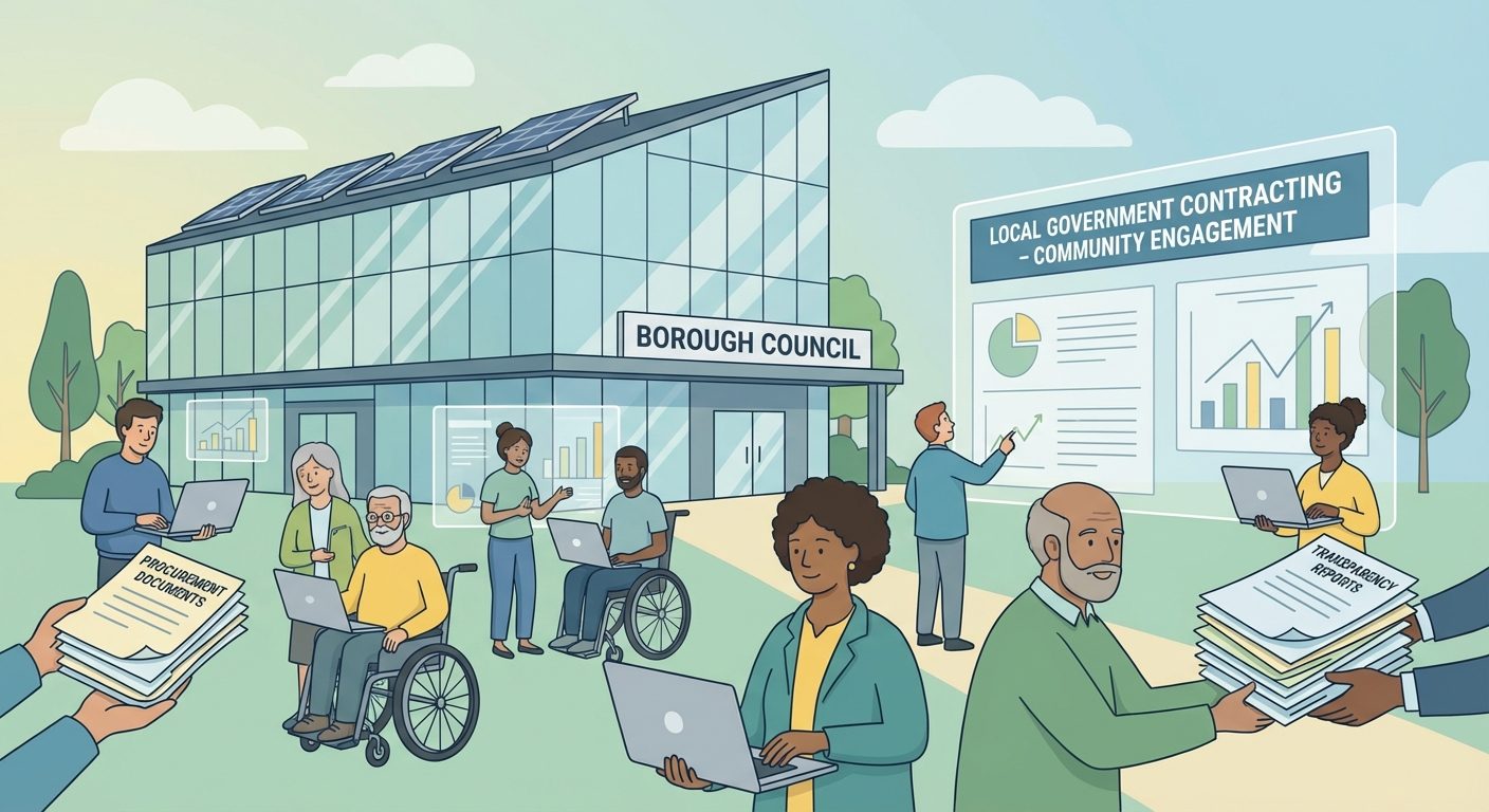 UK council building with diverse community members representing transparent local government procurement