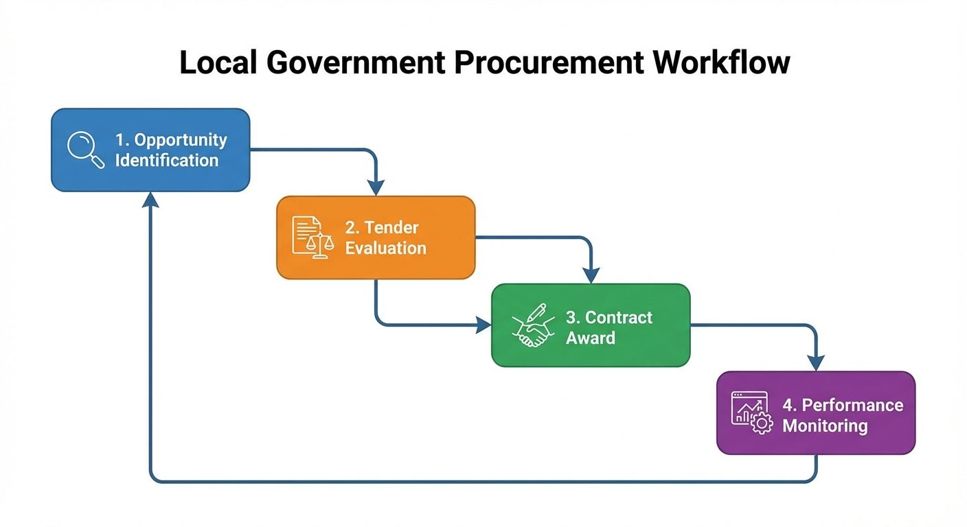 Local government procurement workflow diagram showing the tender process from opportunity identification to contract award