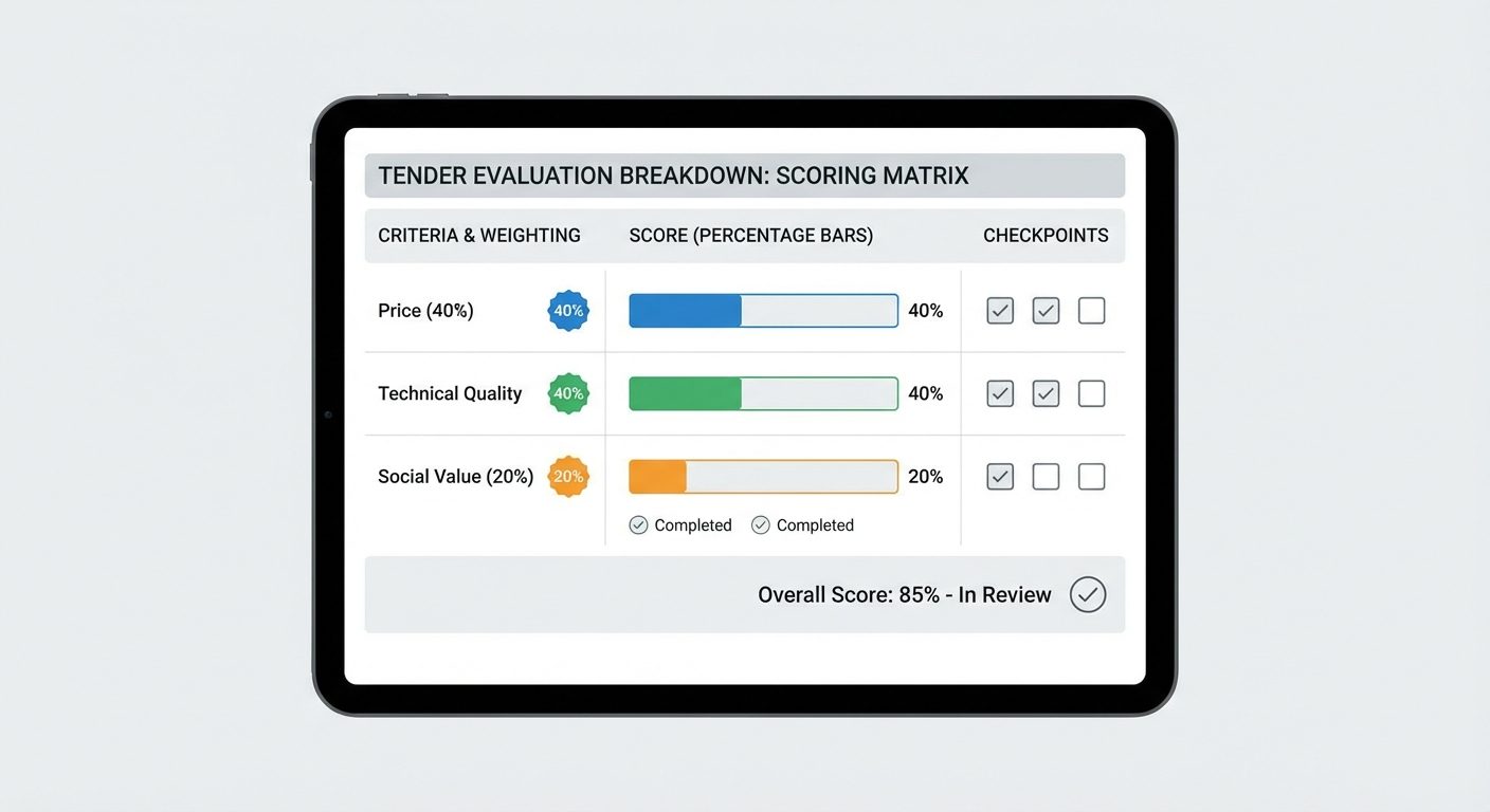 Tender evaluation scoring matrix showing typical weightings between price (40%), technical quality (40%), and social value (20%)