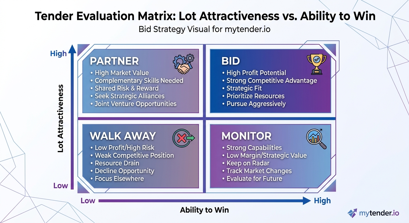Tender lot attractiveness and ability to win matrix for bid, partner, monitor and walk away decisions