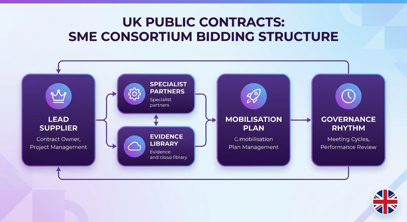 Consortium bidding model showing lead supplier, specialist partners, governance and evidence library