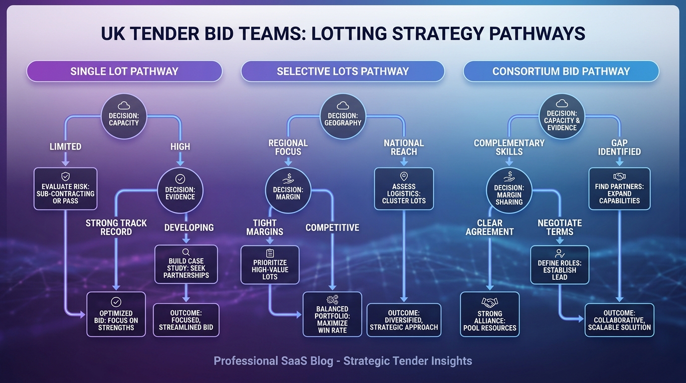 Decision map showing three tender lotting routes: single lot, selective lots and consortium bid