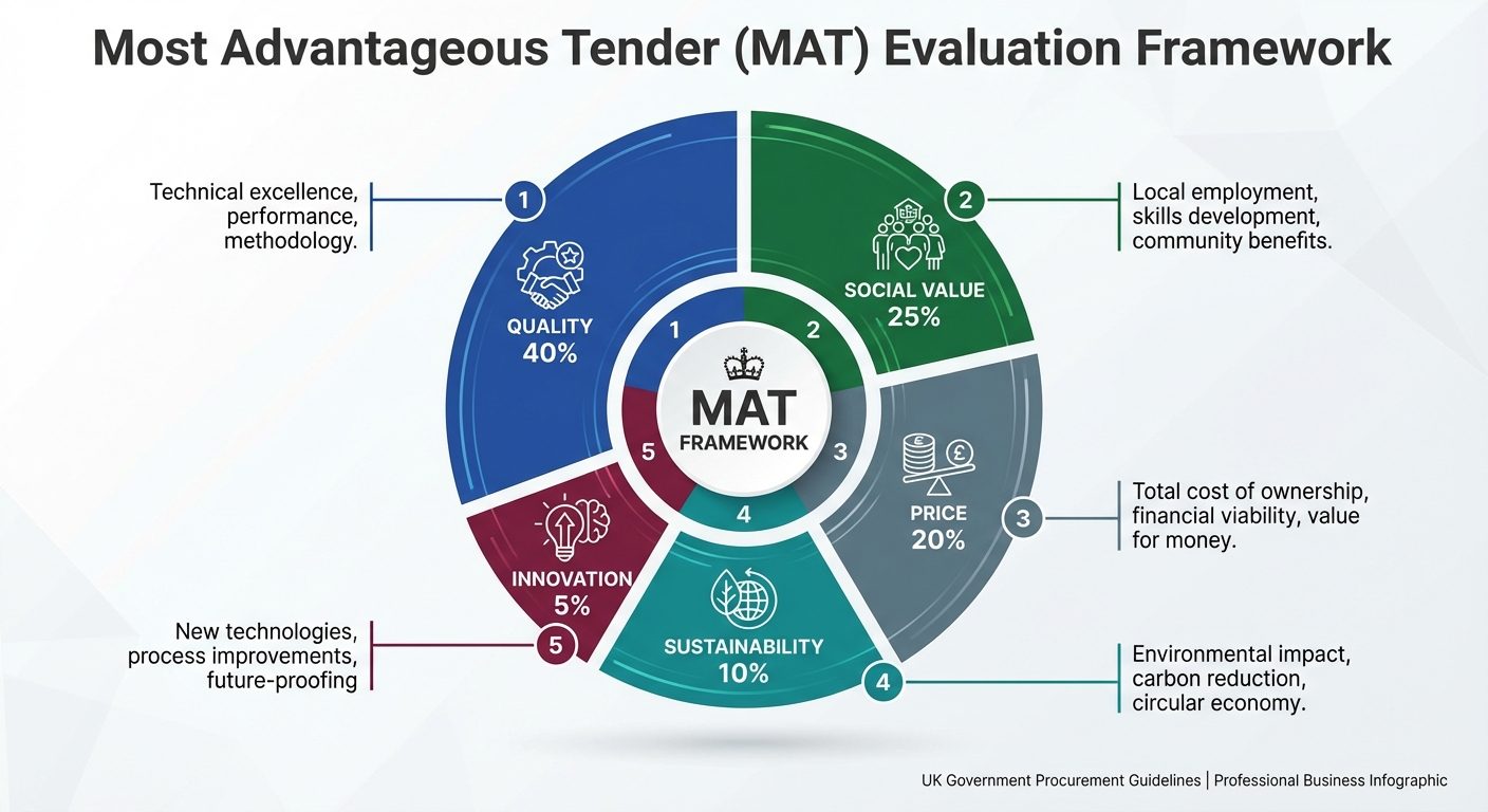 Most Advantageous Tender evaluation framework showing balanced criteria weighting