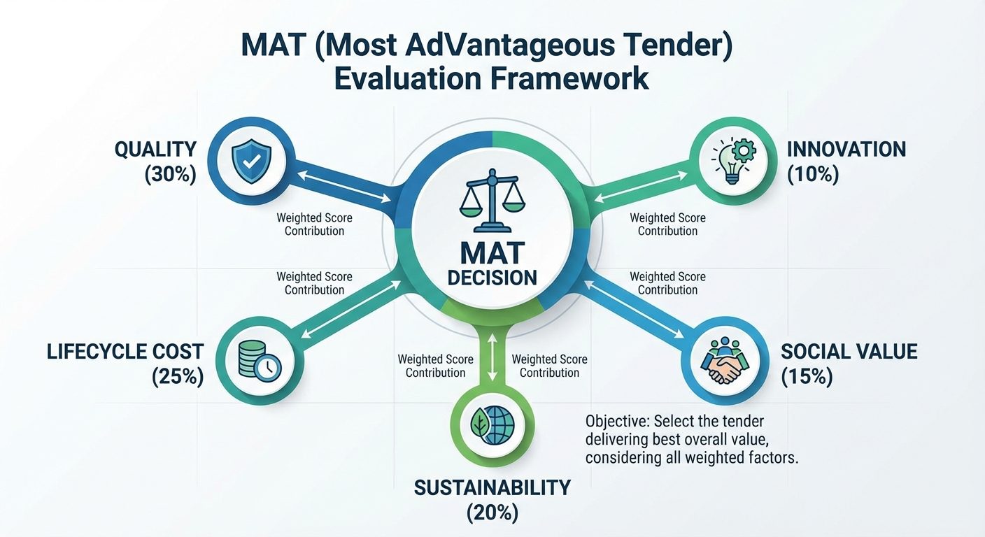 MAT evaluation framework showing weighted criteria including lifecycle cost, social value, sustainability, and innovation