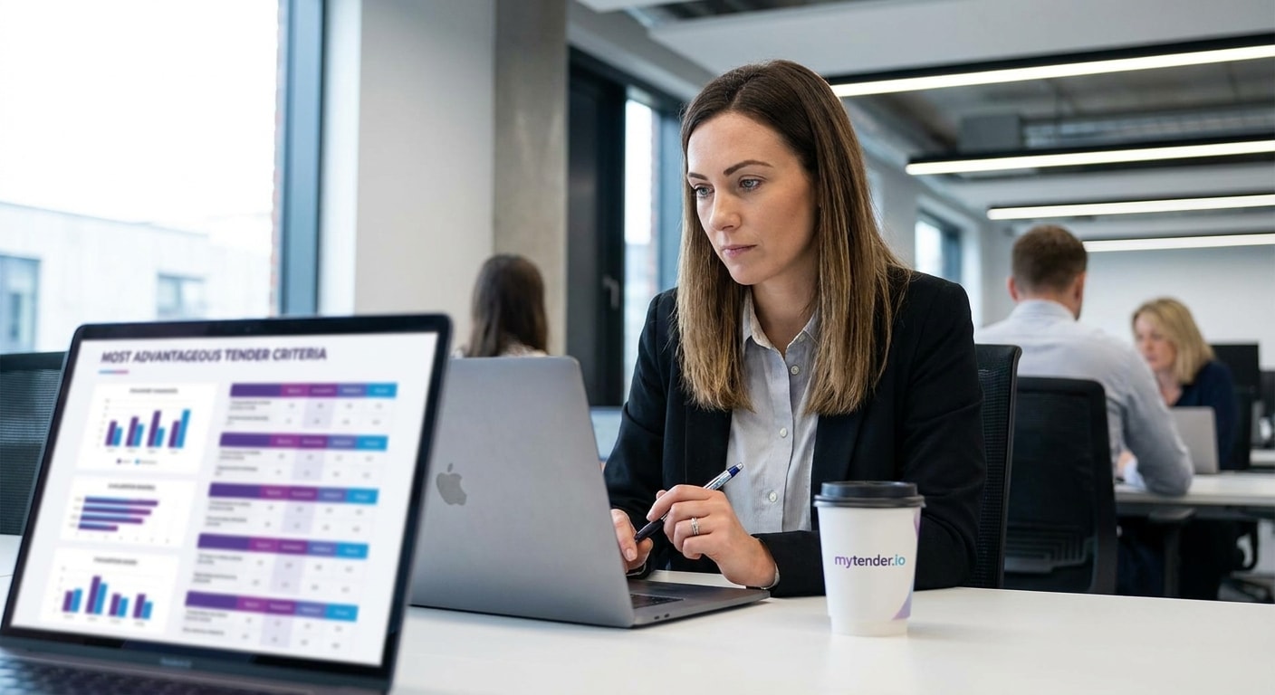 Bid manager reviewing Most Advantageous Tender evaluation criteria on a laptop