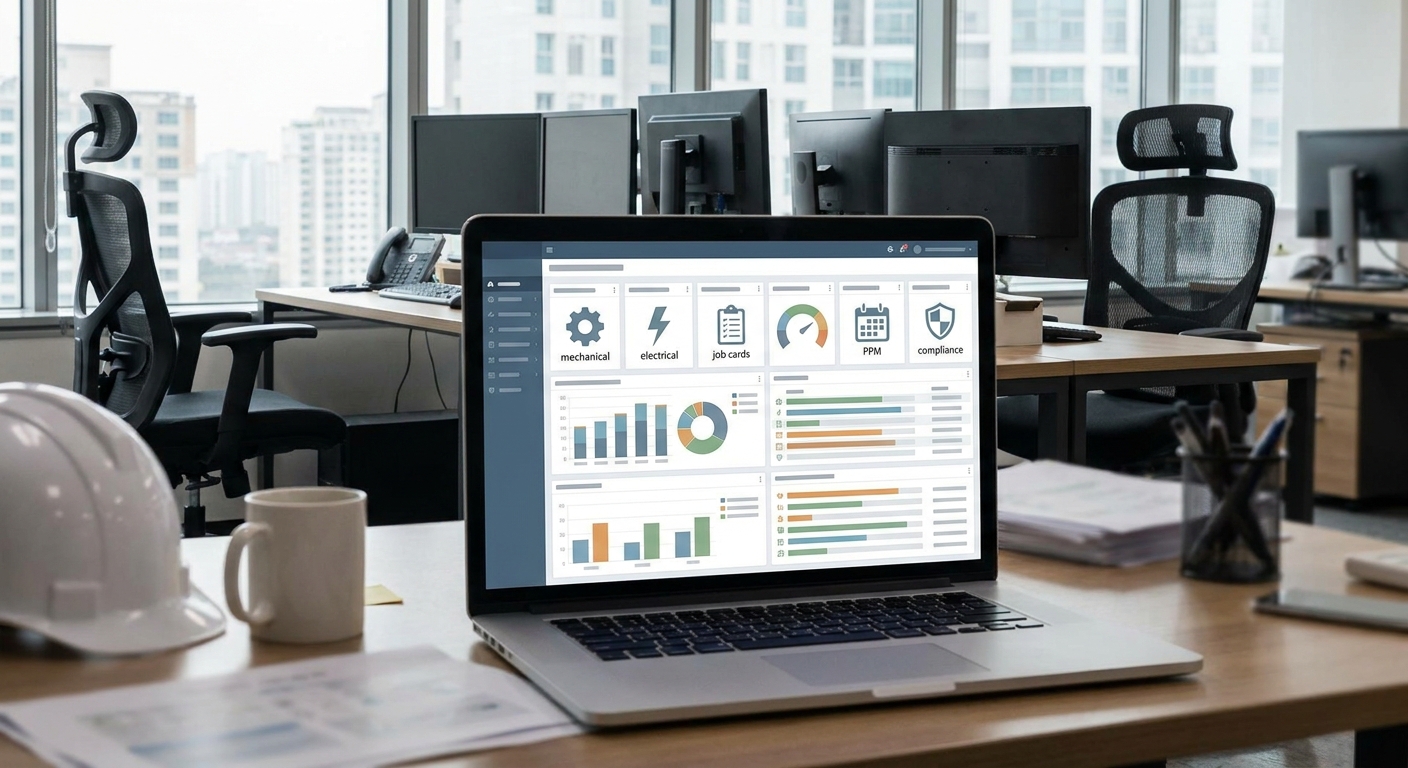 Digital CAFM dashboard showing statutory PPM status, engineer jobs and M&E remedial actions