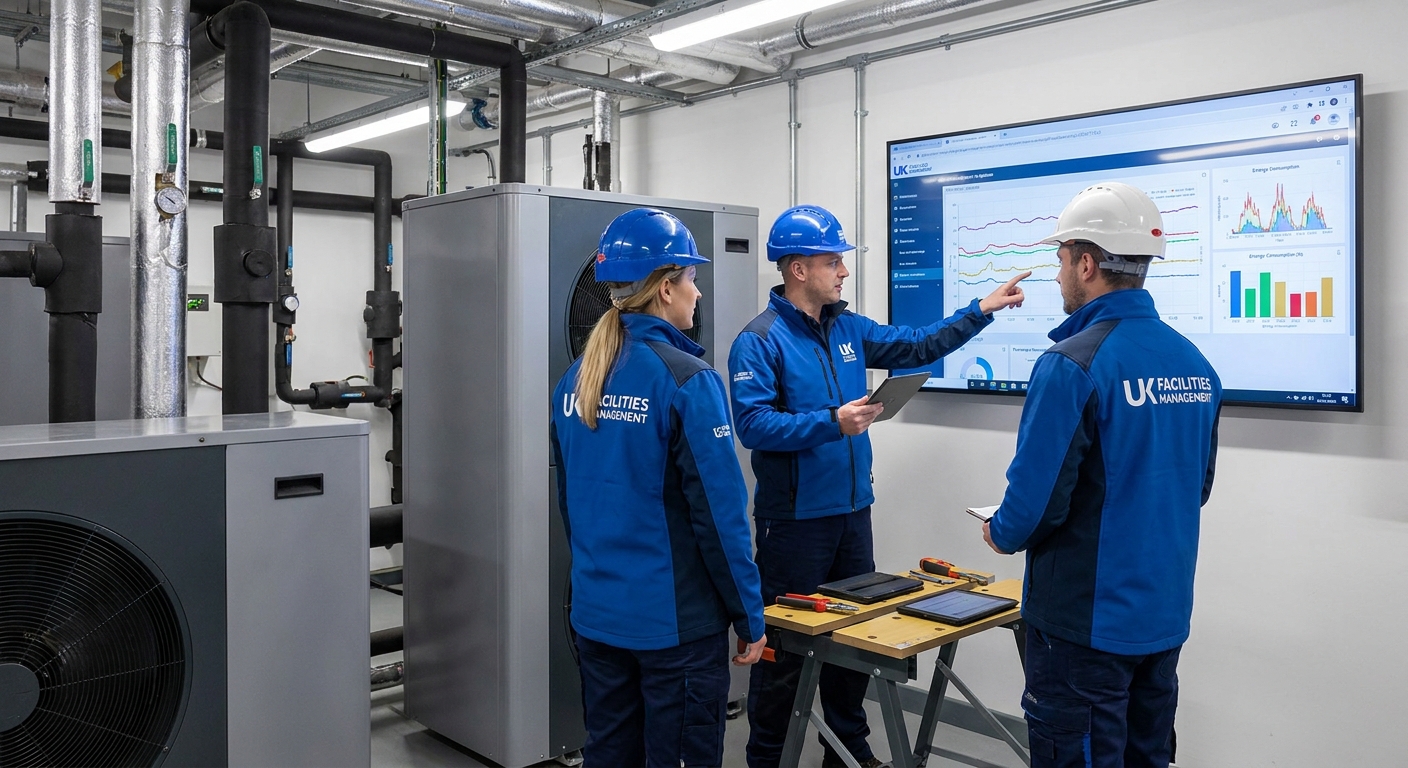 Low-carbon M&E maintenance team reviewing heat pump, BMS and energy optimisation evidence