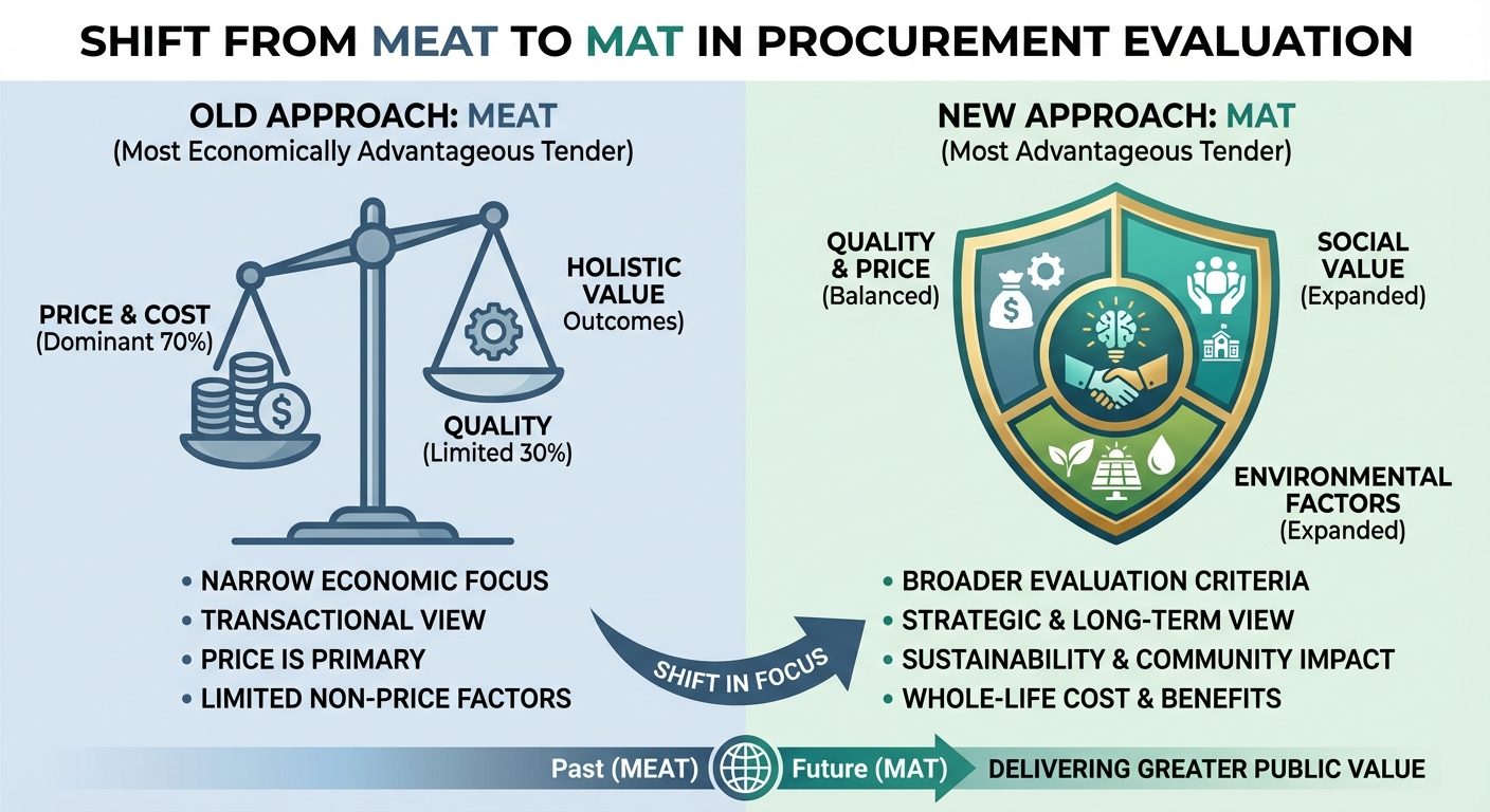 Comparison showing the shift from MEAT to MAT evaluation approach, highlighting expanded criteria including social value and environmental factors