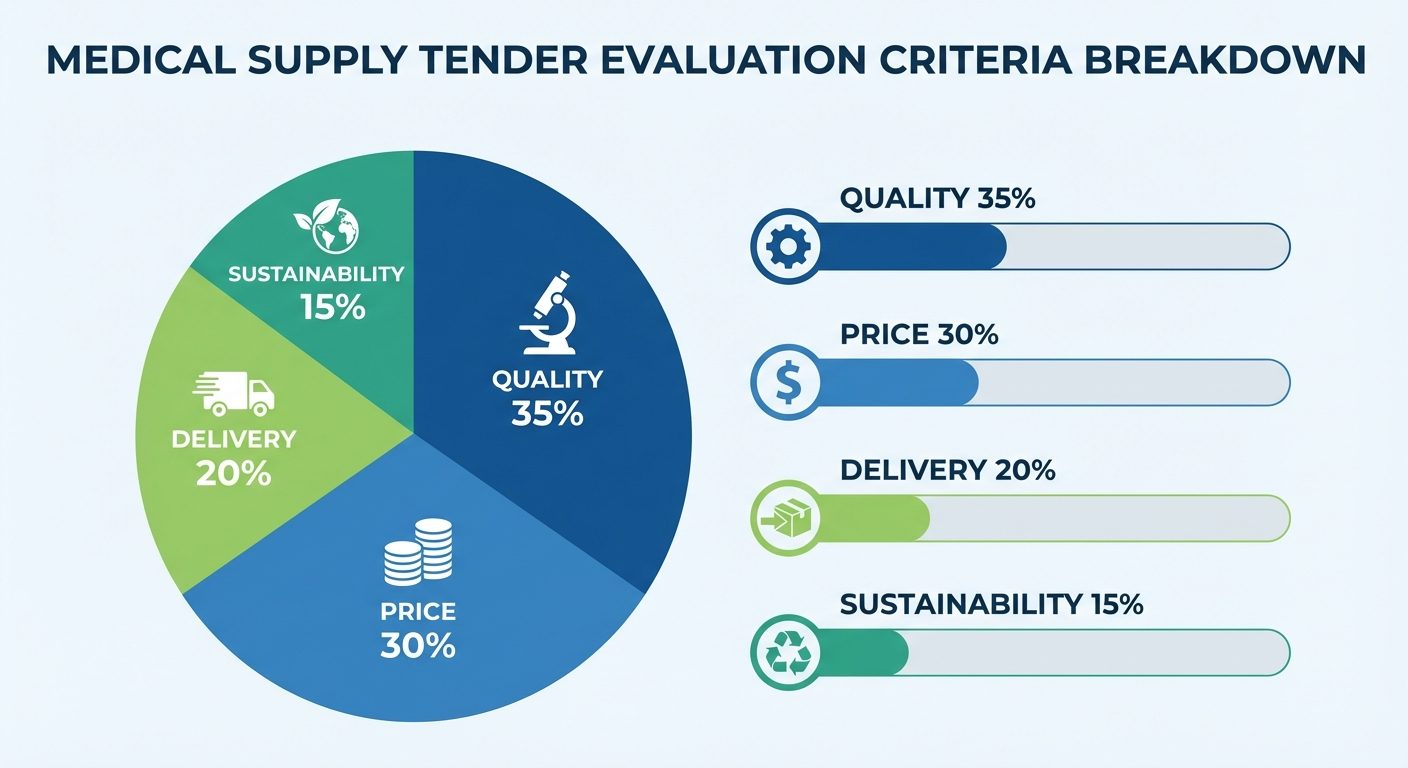 Medical supply tender evaluation criteria breakdown showing quality, price, and delivery factors