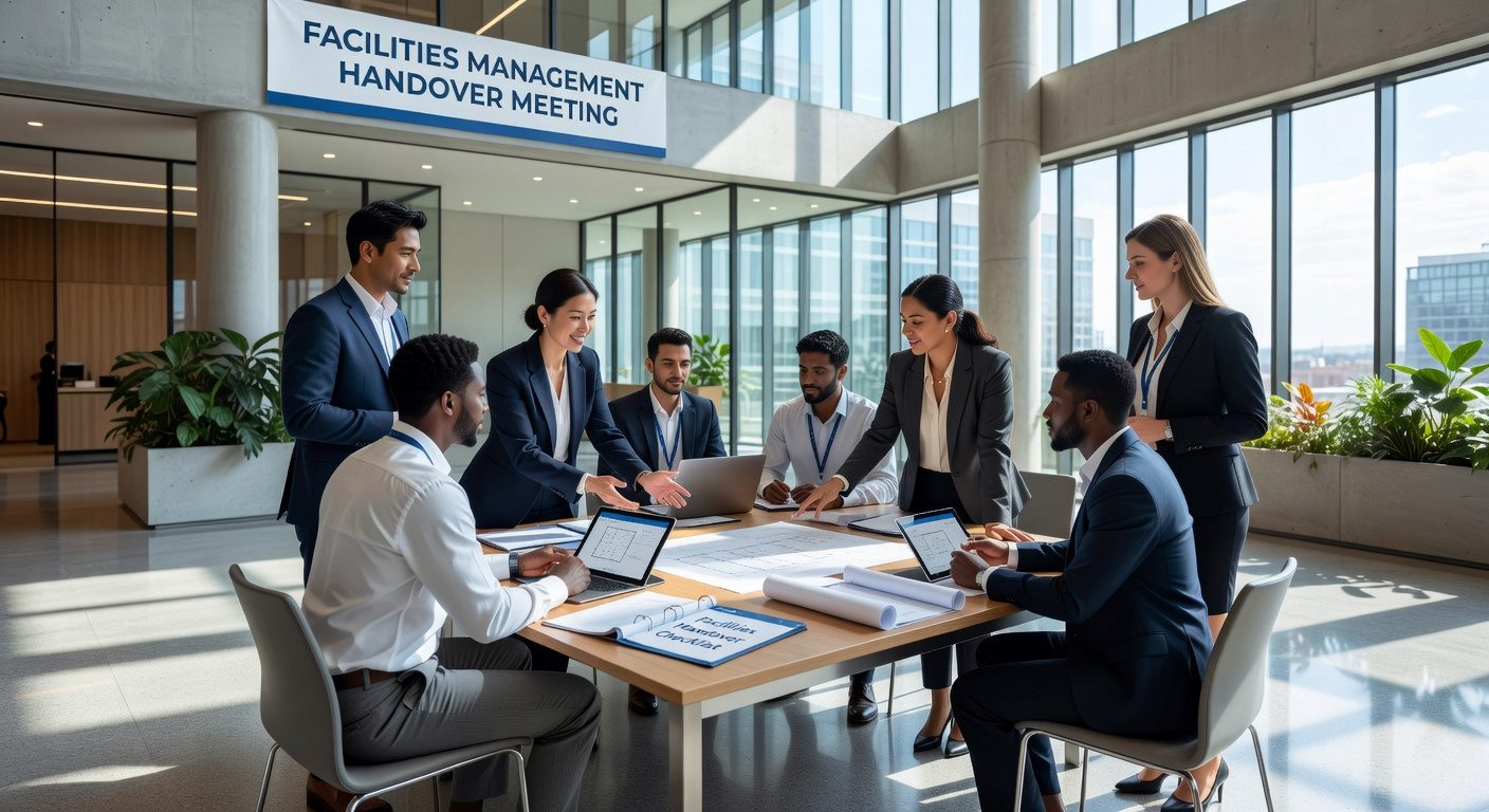 Facilities management handover meeting in a modern office building
