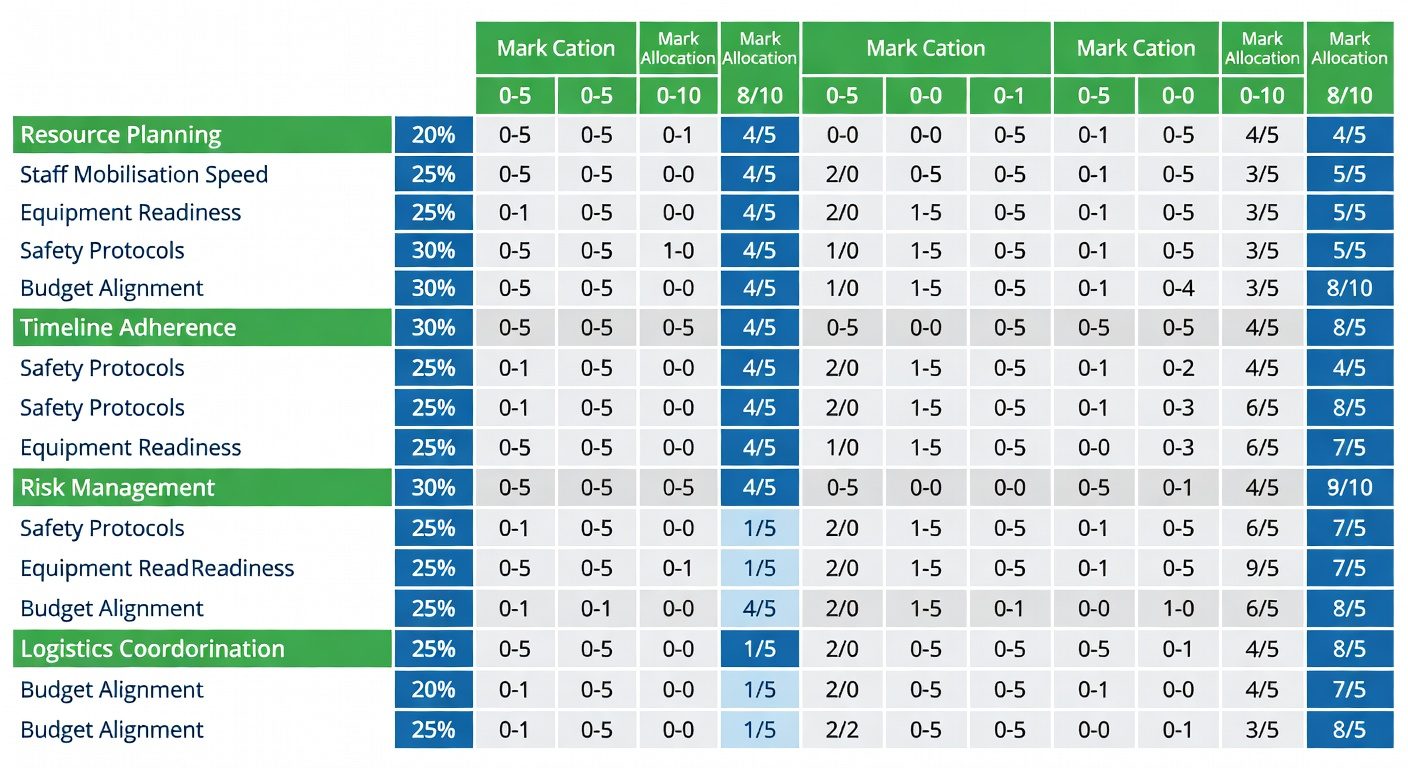 Tender evaluation scoring matrix for mobilisation plans showing criteria weights