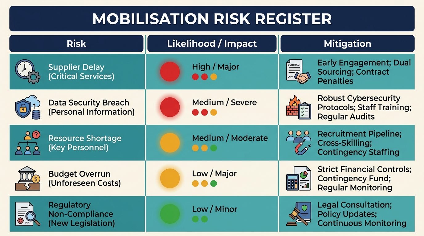 Mobilisation risk register: risk, likelihood/impact, mitigation