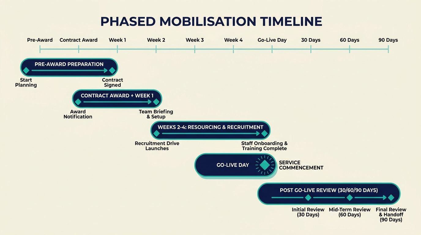 Phased mobilisation timeline from pre-award to post-go-live review